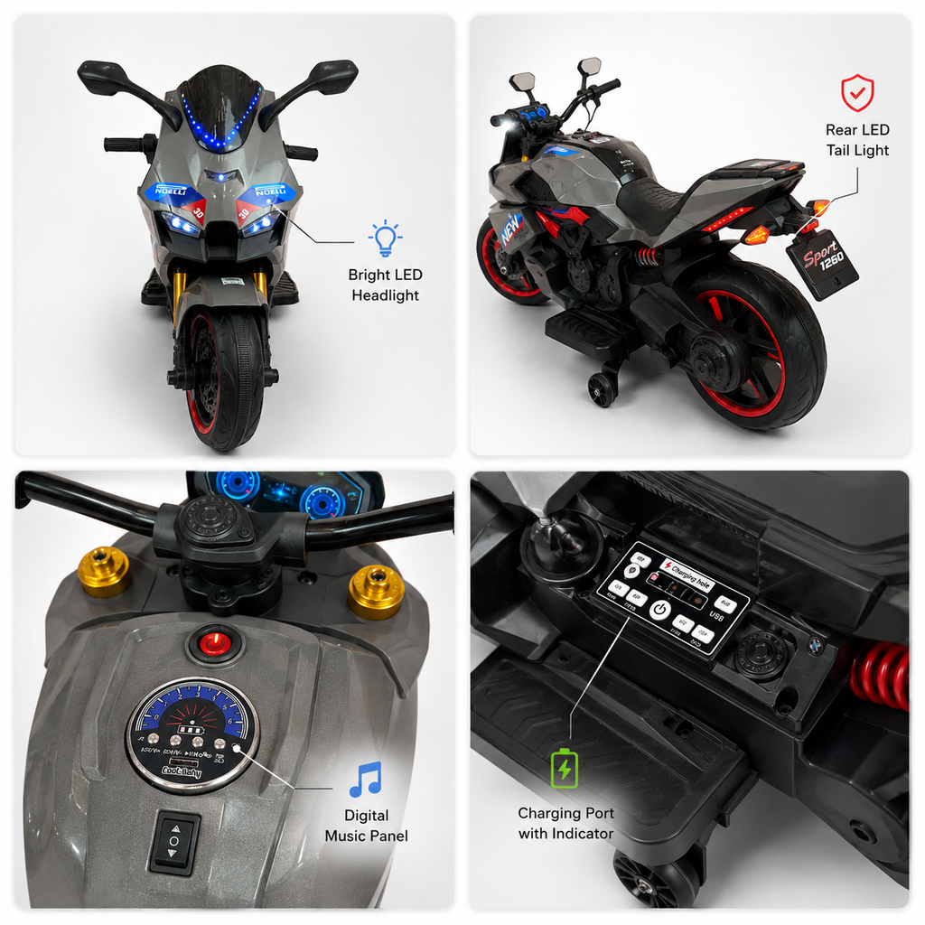 Grey Racing Style Kids Electric Ride-On Super Bike