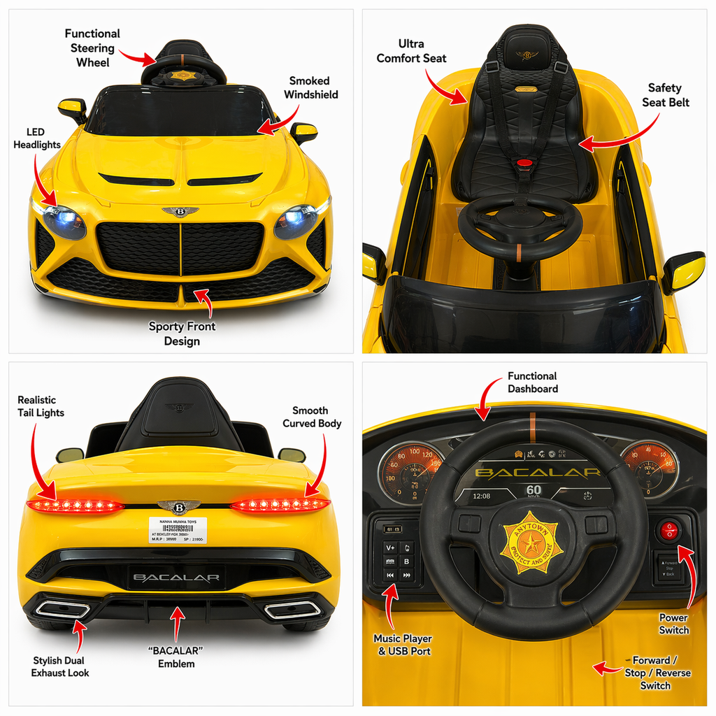 Yellow Kids Ride-On Bentley Sports Car