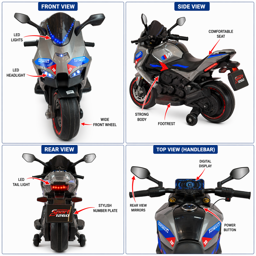 Grey Racing Style Kids Electric Ride-On Super Bike