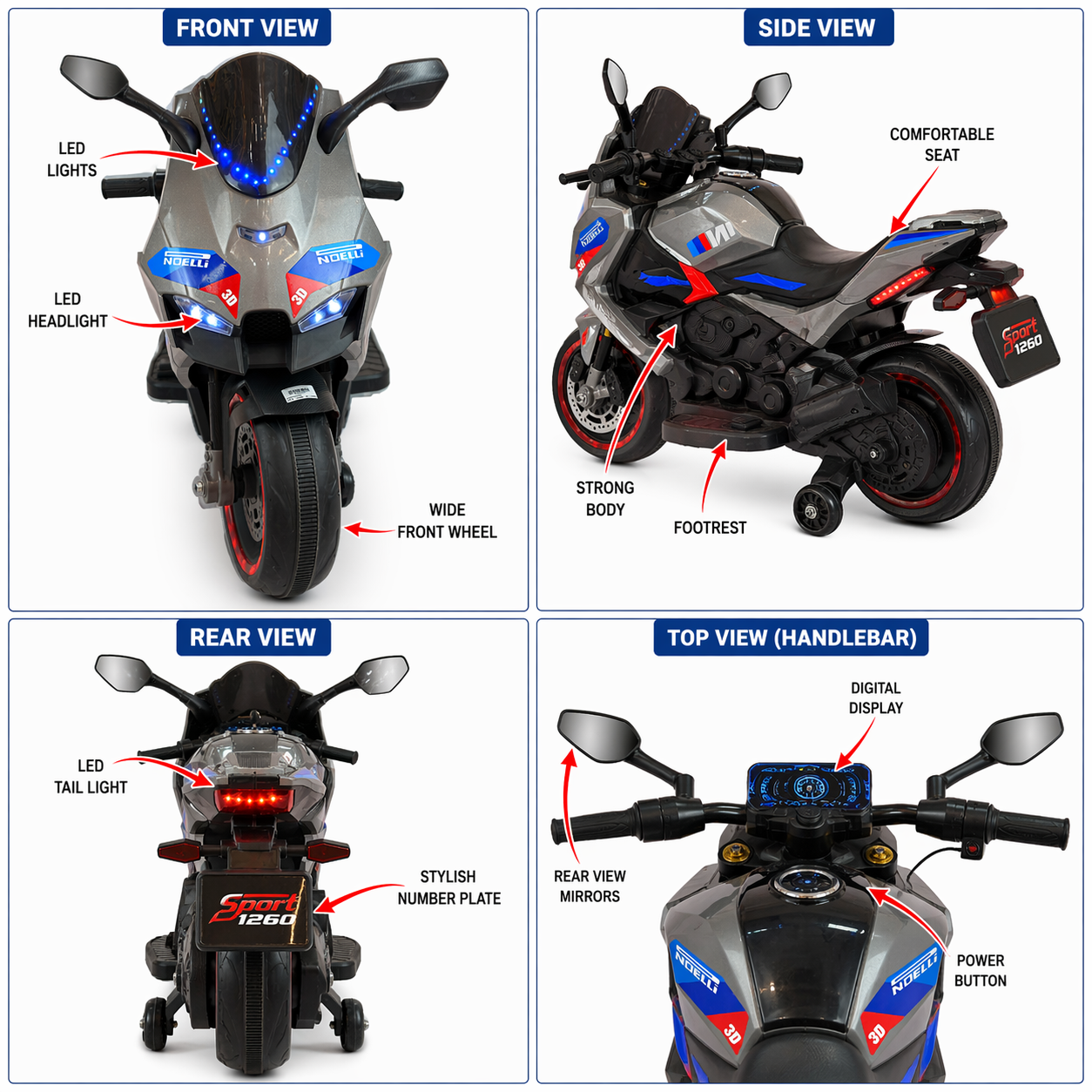 Grey Racing Style Kids Electric Ride-On Super Bike