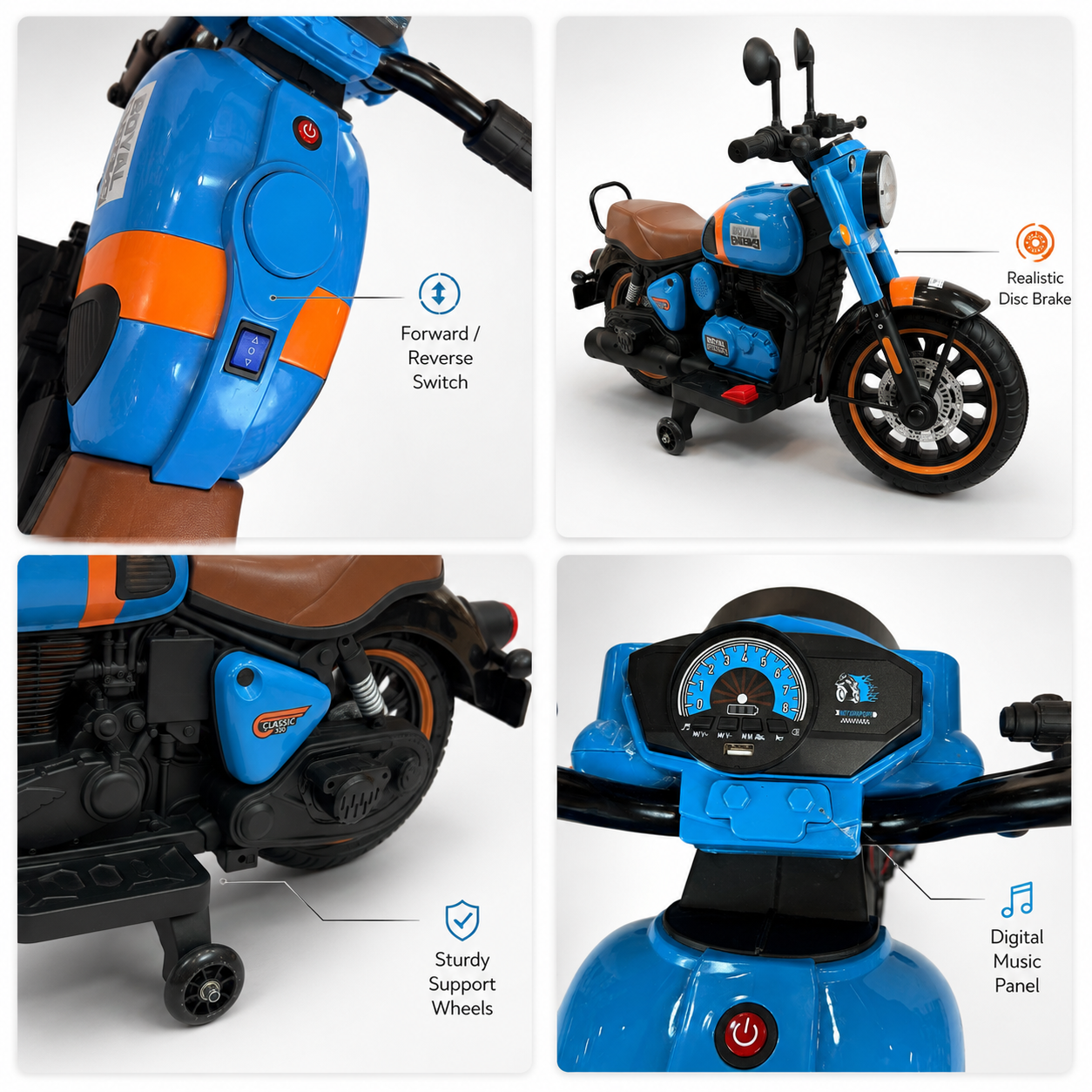 Blue Royal Enfield Style Kids Electric Ride-On Bike